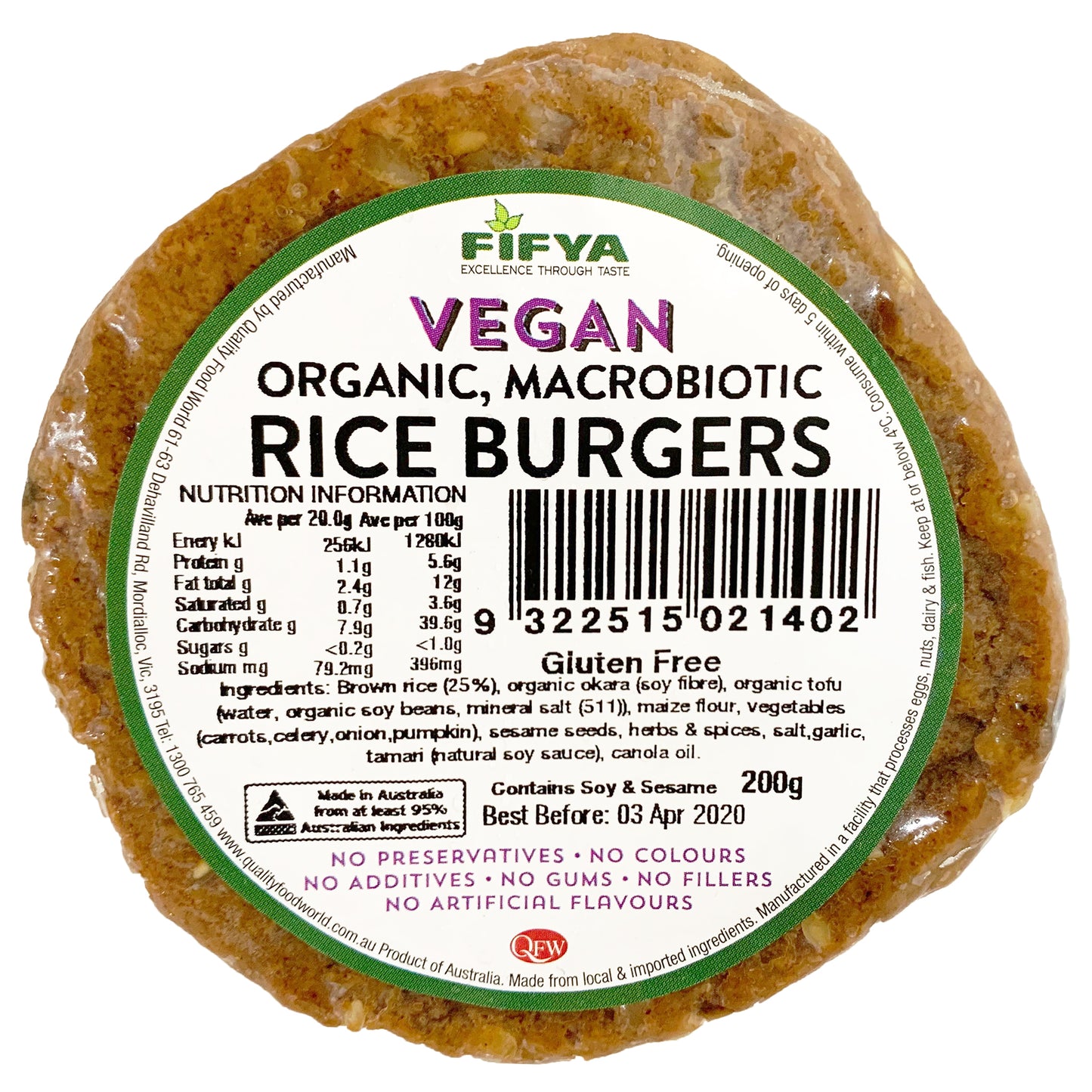 Fifya Vegan Organic Macrobiotic Rice Burgers x2 200g