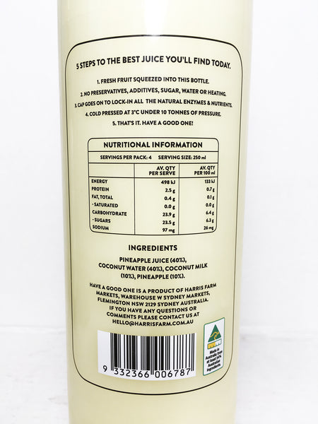 Harris Farm Cold Pressed Pineapple Pina Colada Juice 1L