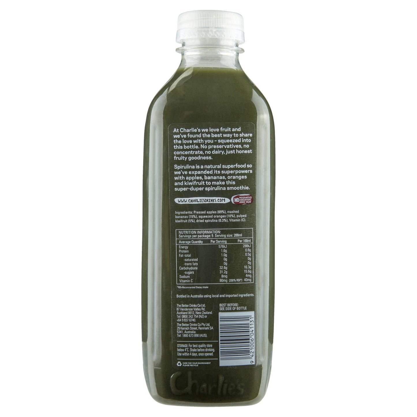 Charlies Spirulina Whole Fruit Smoothie 1L , Frdg1-Drinks - HFM, Harris Farm Markets
 - 2