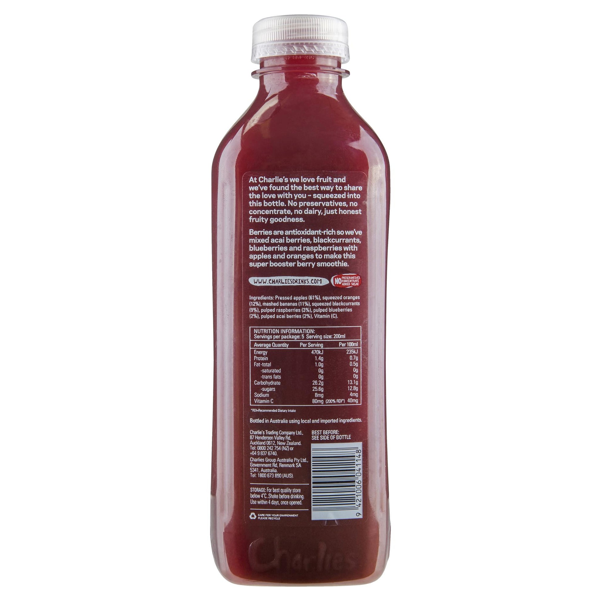 Charlies Berry Whole Fruit Smoothie 1L , Frdg1-Drinks - HFM, Harris Farm Markets
 - 2