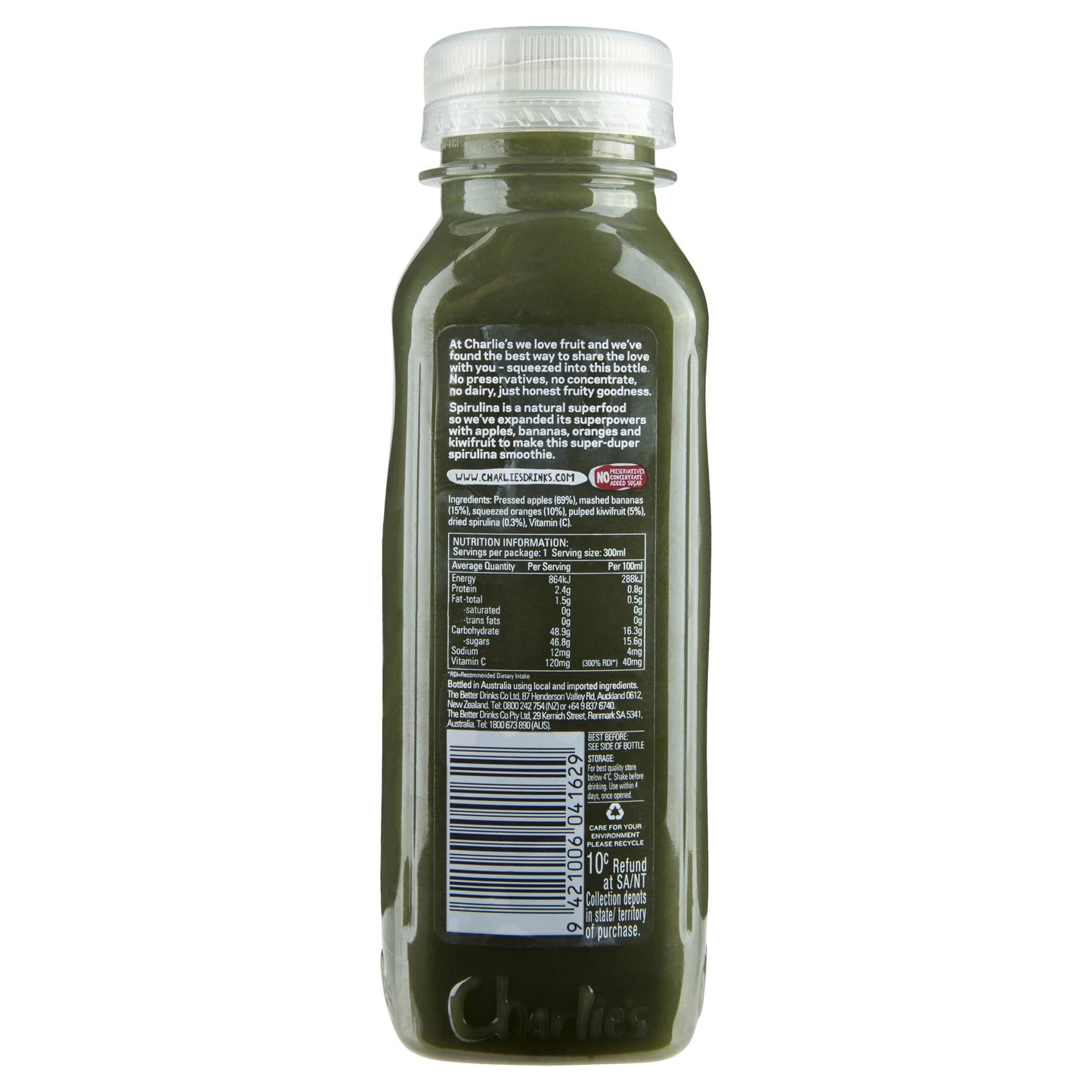 Charlies Spirulina Whole Fruit Smoothie 300ml , Frdg1-Drinks - HFM, Harris Farm Markets
 - 2