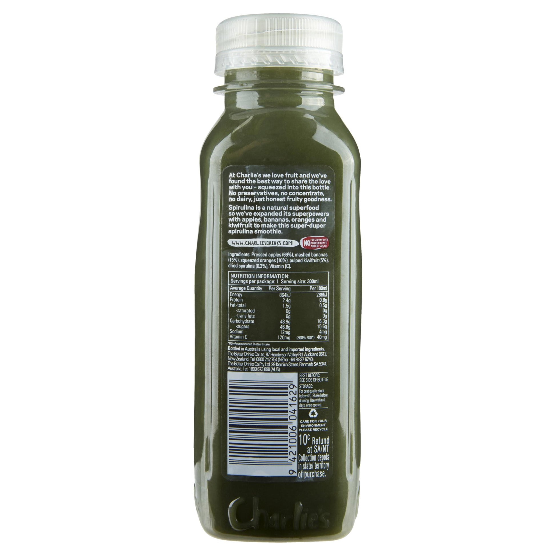 Charlies Spirulina Whole Fruit Smoothie 300ml , Frdg1-Drinks - HFM, Harris Farm Markets
 - 2