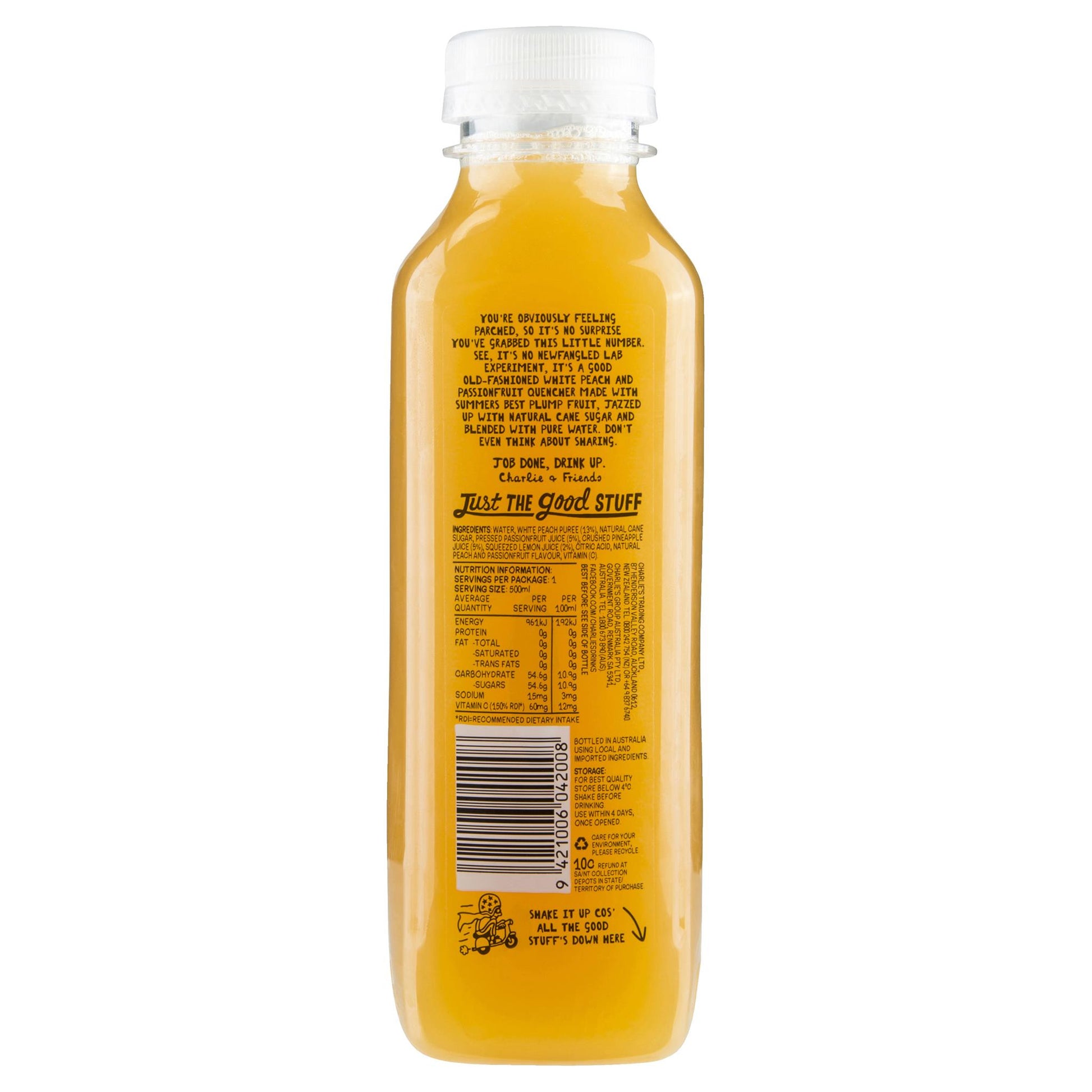 Charlies White Peach And Passionfruit Quencher 500ml , Frdg1-Drinks - HFM, Harris Farm Markets
 - 2