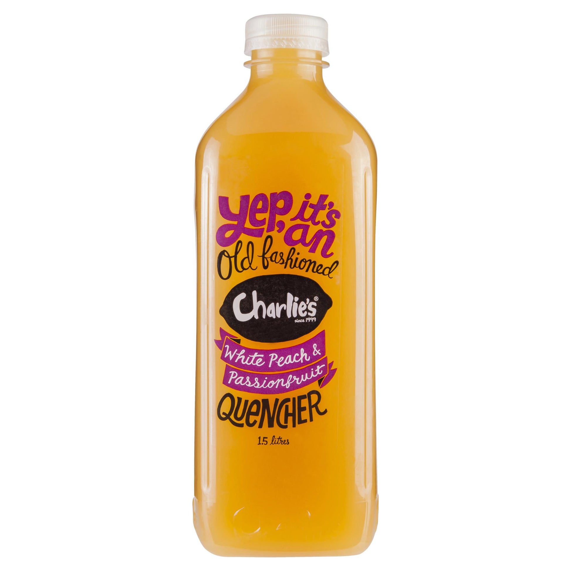 Charlies Old Fashioned White Peach & Passionfruit Quencher 1.5L , Frdg1-Drinks - HFM, Harris Farm Markets
 - 1