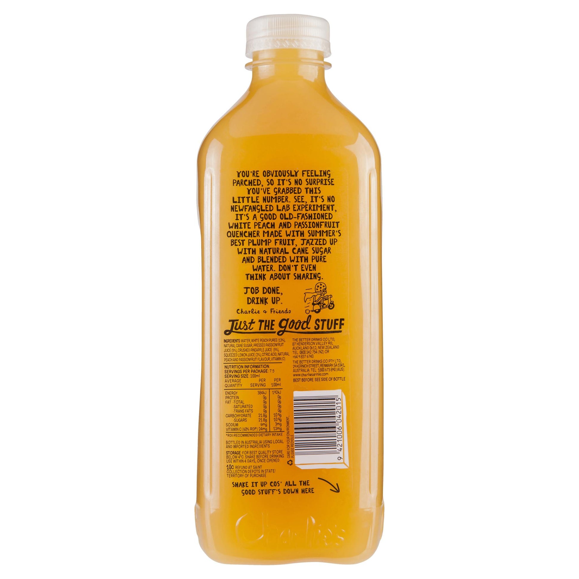 Charlies Old Fashioned White Peach & Passionfruit Quencher 1.5L , Frdg1-Drinks - HFM, Harris Farm Markets
 - 2