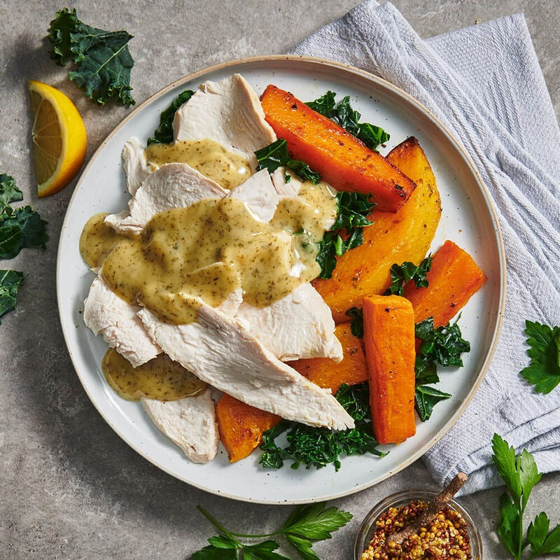 My Muscle Chef Clean Chicken with Roast Pumpkin, Sweet Potato and Kale | Harris Farm Online