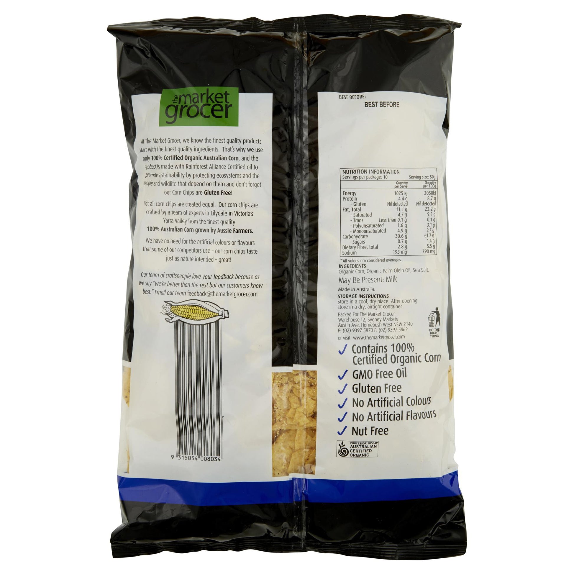 Market Grocer Organic Corn Chips Salted 500g , Grocery-Confection - HFM, Harris Farm Markets
 - 2