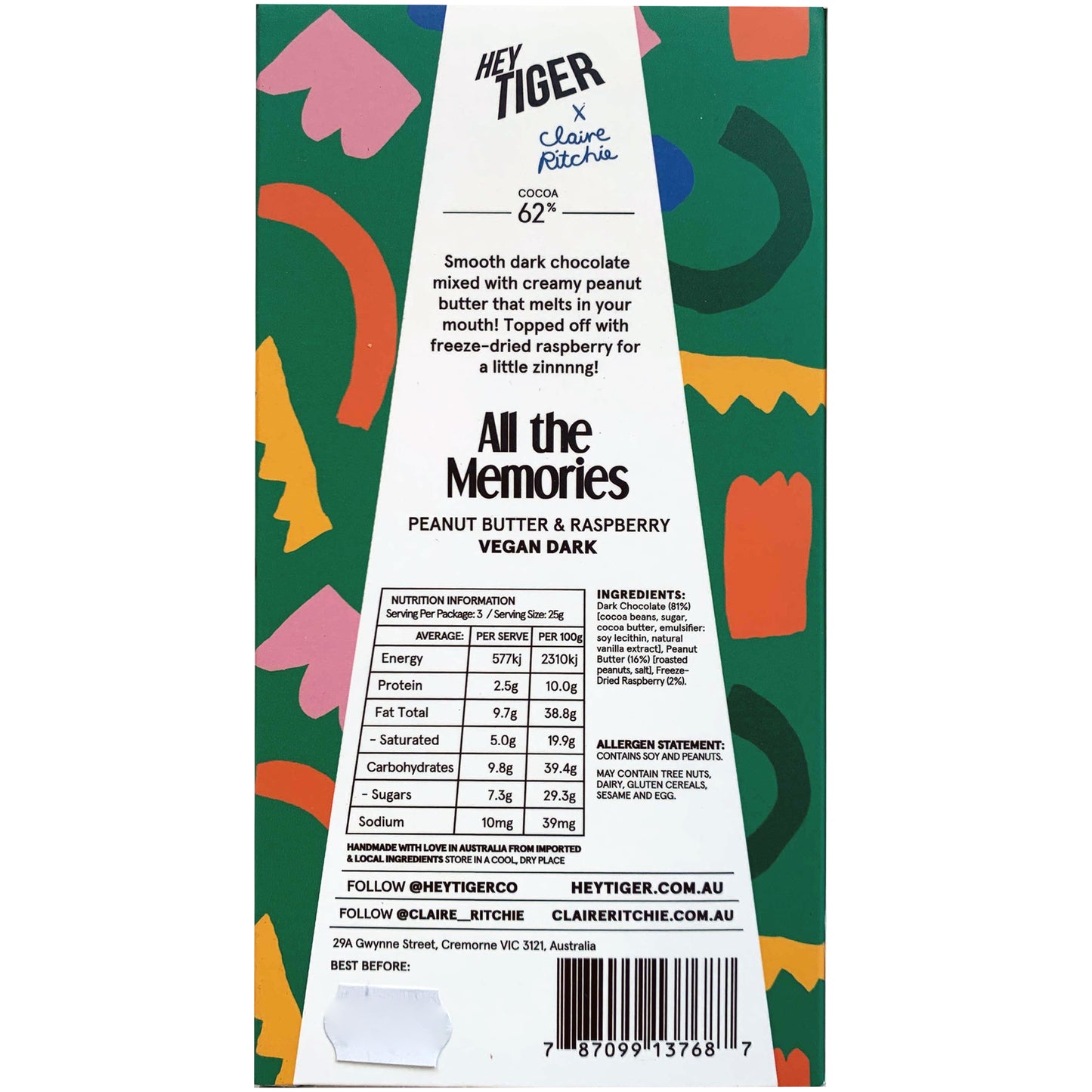 Hey Tiger Peanut Butter and Raspberry Vegan Dark Chocolate | Harris Farm Online