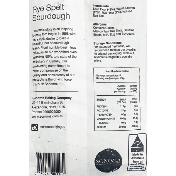 Sonoma Sliced Rye Spelt Sourdough | Harris Farm Online