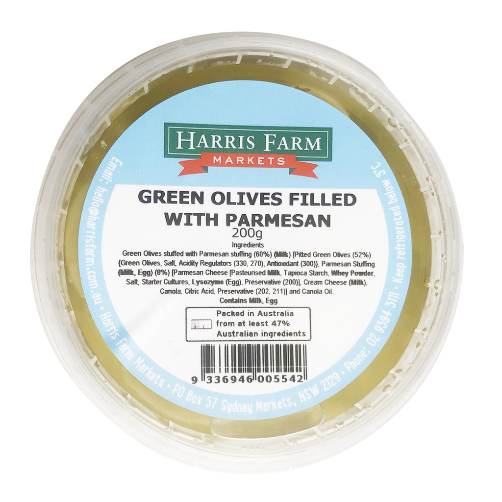 Harris Farm Green Olives with Parmesan 200g Harris Farm Markets