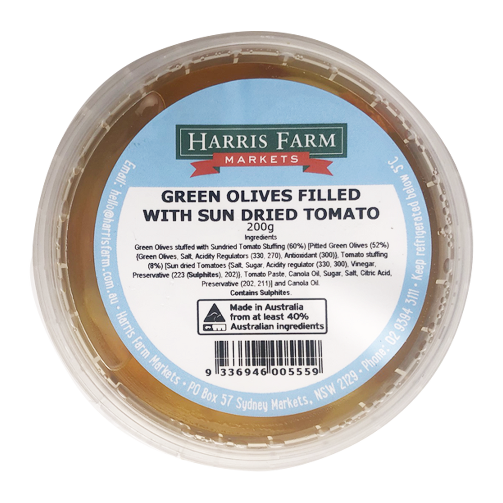 Harris Farm Green Olives with Sun Dried Tomato 200g Harris Farm Markets
