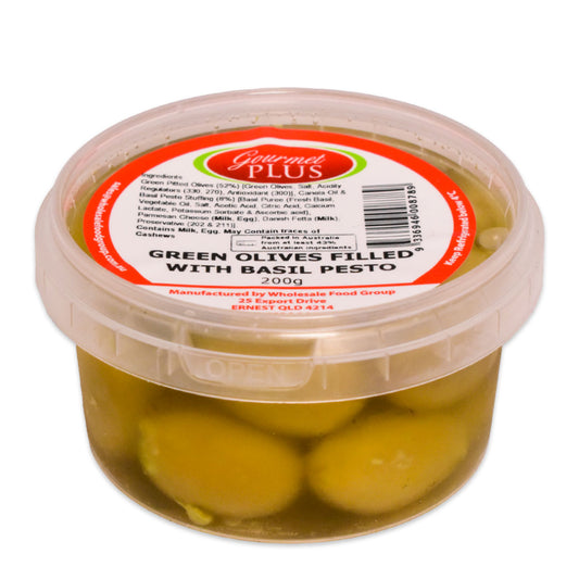 Gourmet Plus Green Olives Filled With Basil Pesto 200g | Harris Farm Online