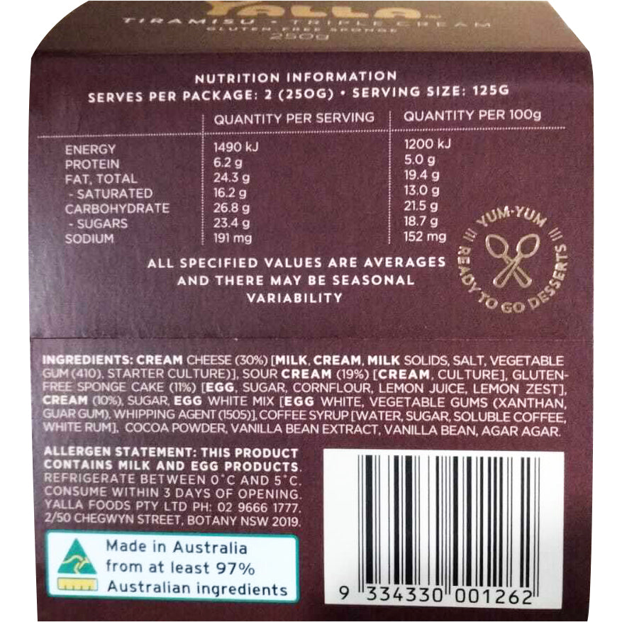 Yalla Gluten Free Tiramisu Triple Cream | Harris Farm Online