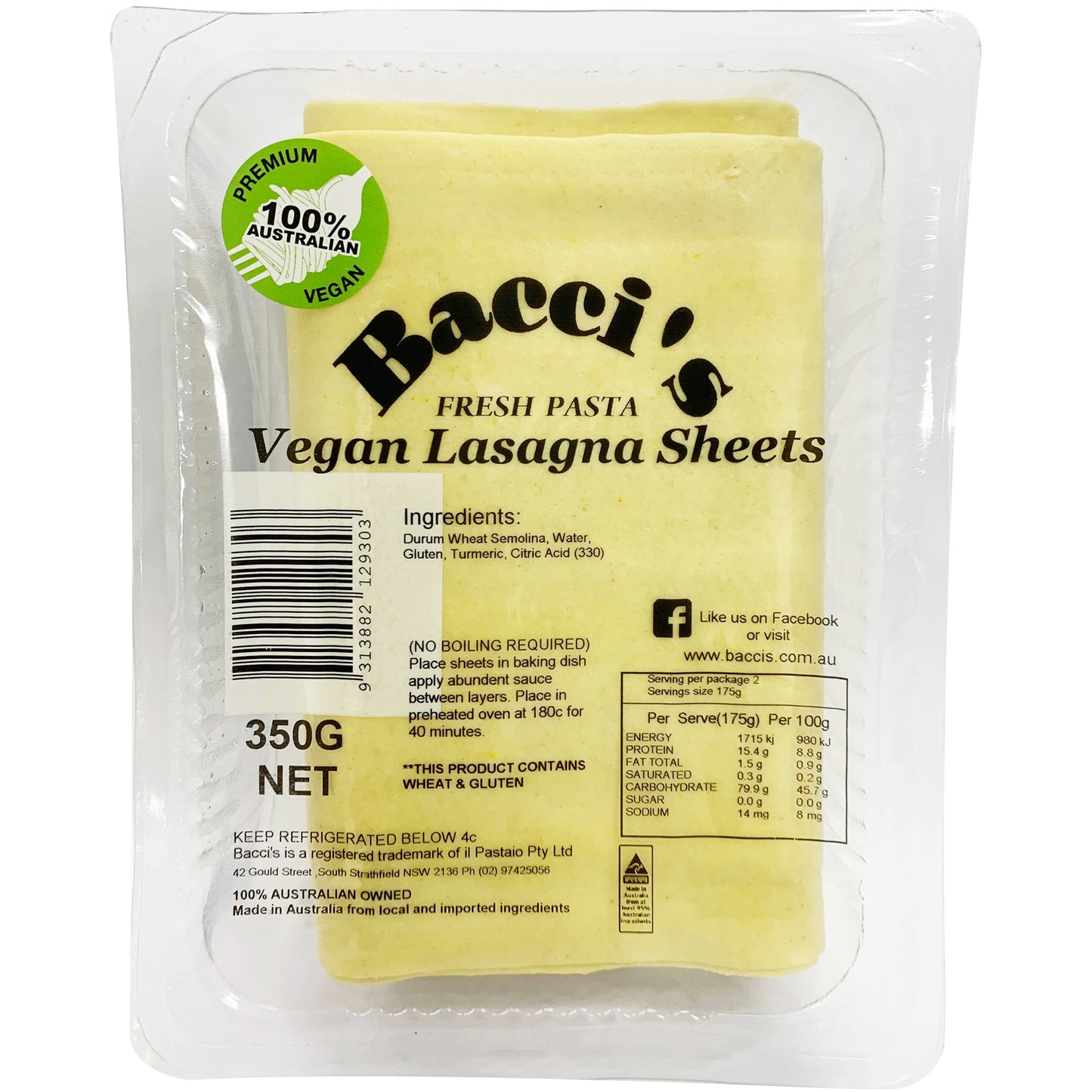 Baccis Fresh Pasta Vegan Lasagna Sheets | Harris Farm Online