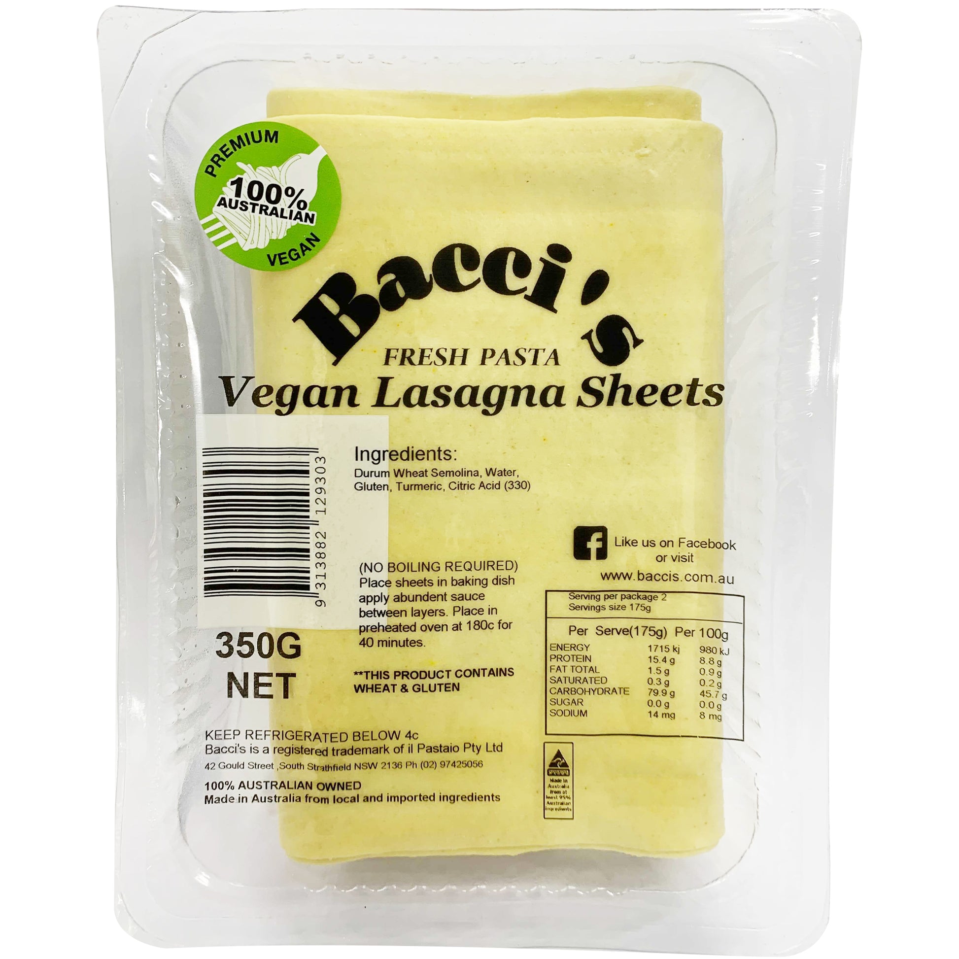 Baccis Fresh Pasta Vegan Lasagna Sheets | Harris Farm Online