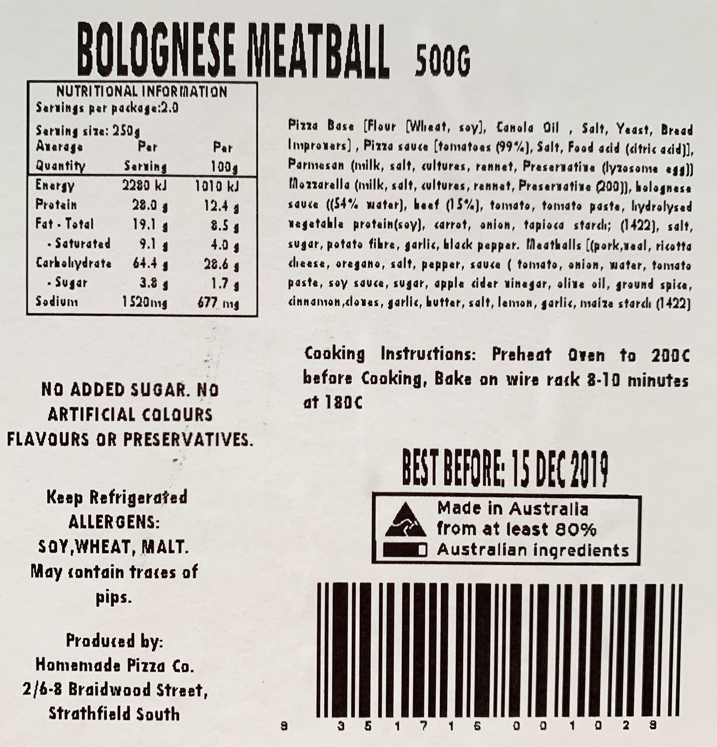 Homemade Pizza Co - Pizza - Bolognese Meatball (500g)