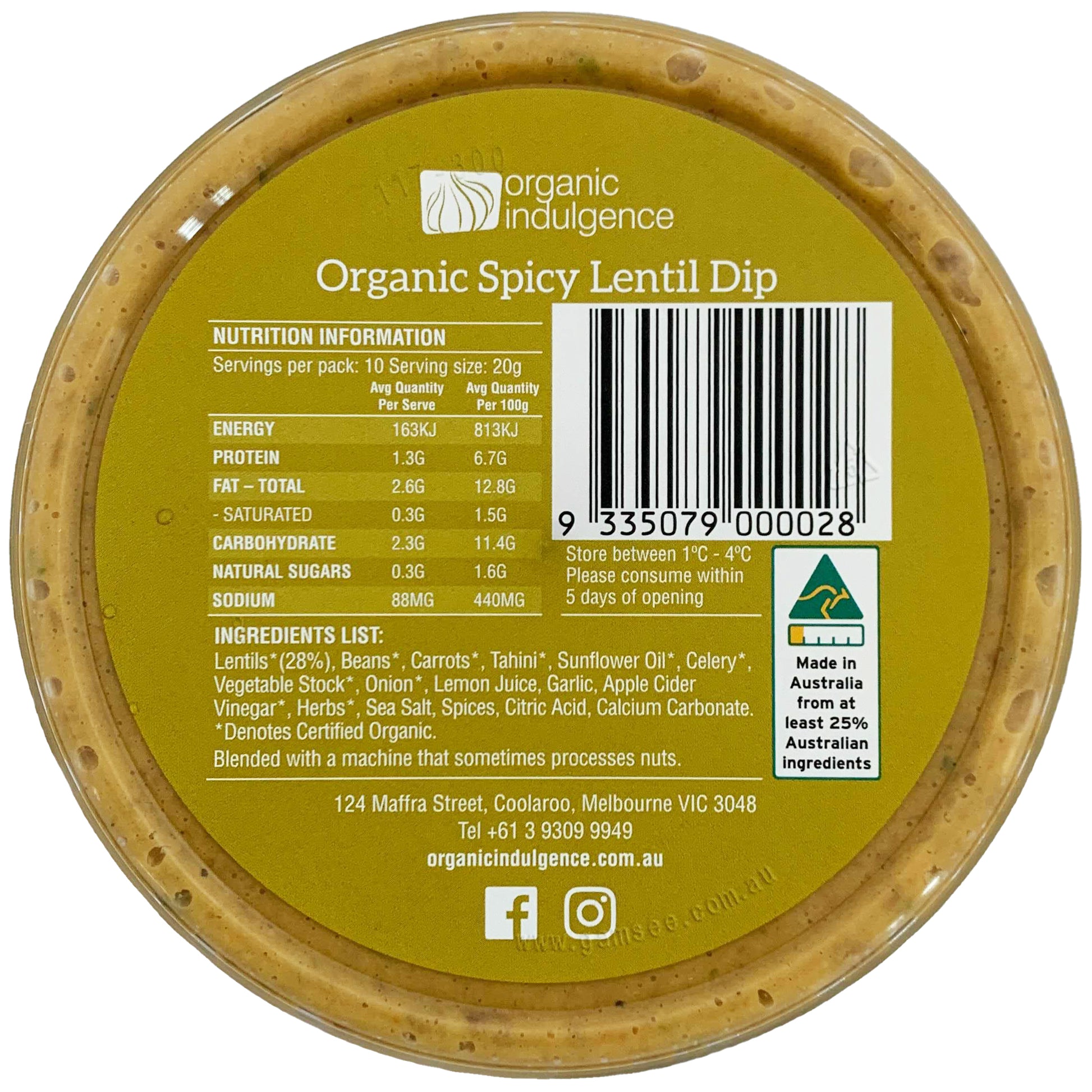 Organic Indulgence Organic Spicy Lentil Dip | Harris Farm Online