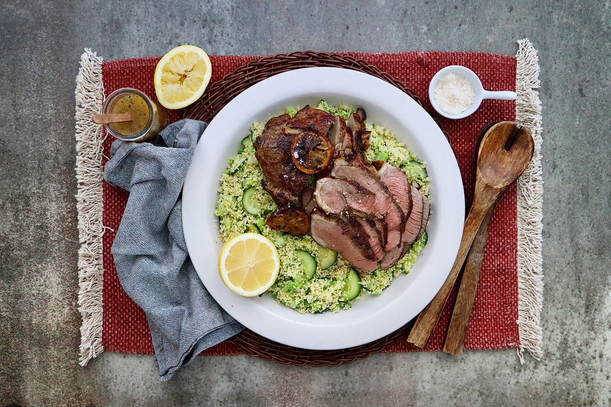 Herb Marinated Lamb Shoulder - with Broccoli Couscous and Greek Dressing | Harris Farm Online
