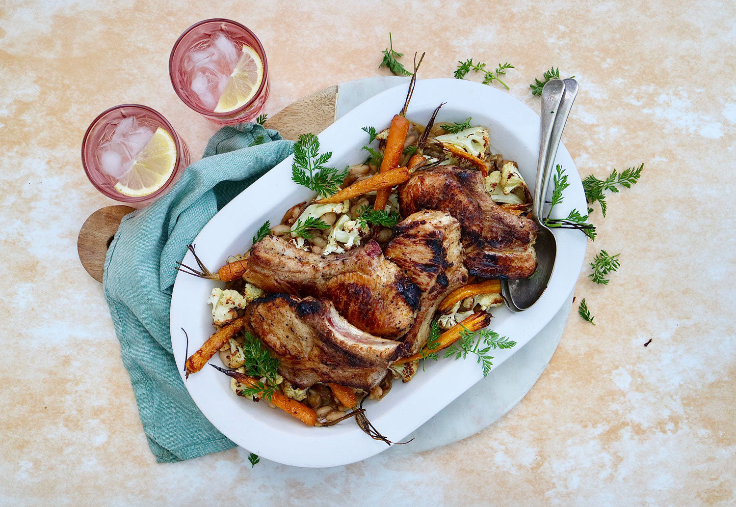 Honey and Lemon Pork Cutlets - with Roasted Vegetables and Cannellini Beans | Harris Farm Online