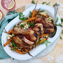 Honey and Lemon Pork Cutlets - with Roasted Vegetables and Cannellini Beans | Harris Farm Online