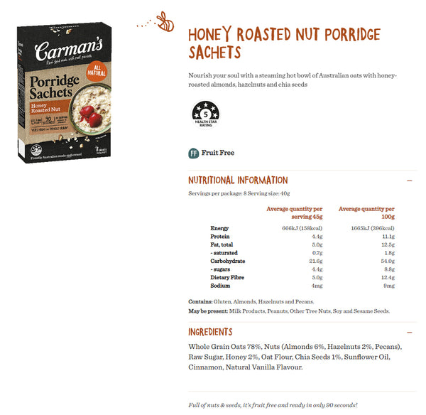 Carman's Gourmet - Porridge Sachets - Honey Roasted Nut | Harris Farm Online