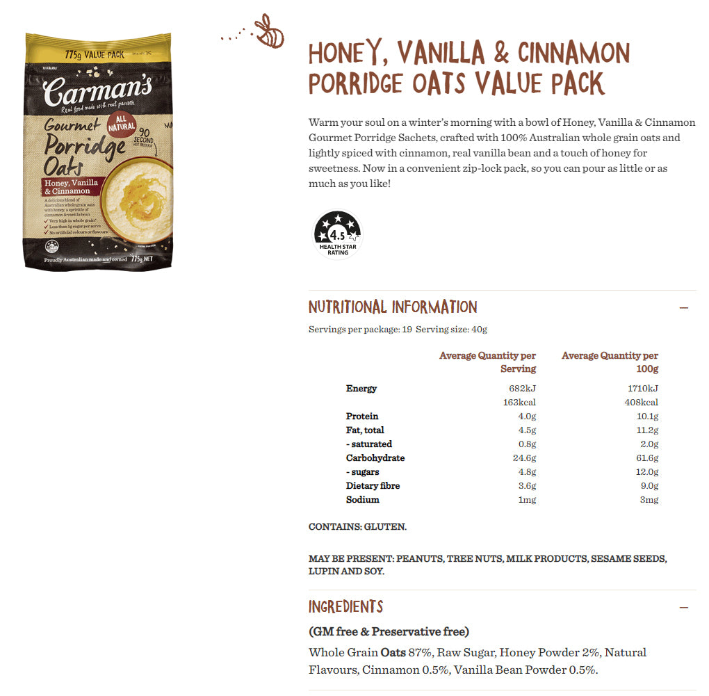 Carman's Gourmet - Porridge Oat - Honey, Vanilla & Cinnamon | Harris Farm Online
