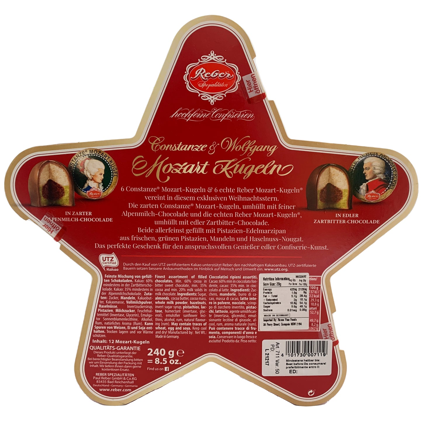 Reber Assortment Filled Chocolates Mozart Kugeln Star Gift Box | Harris Farm Online