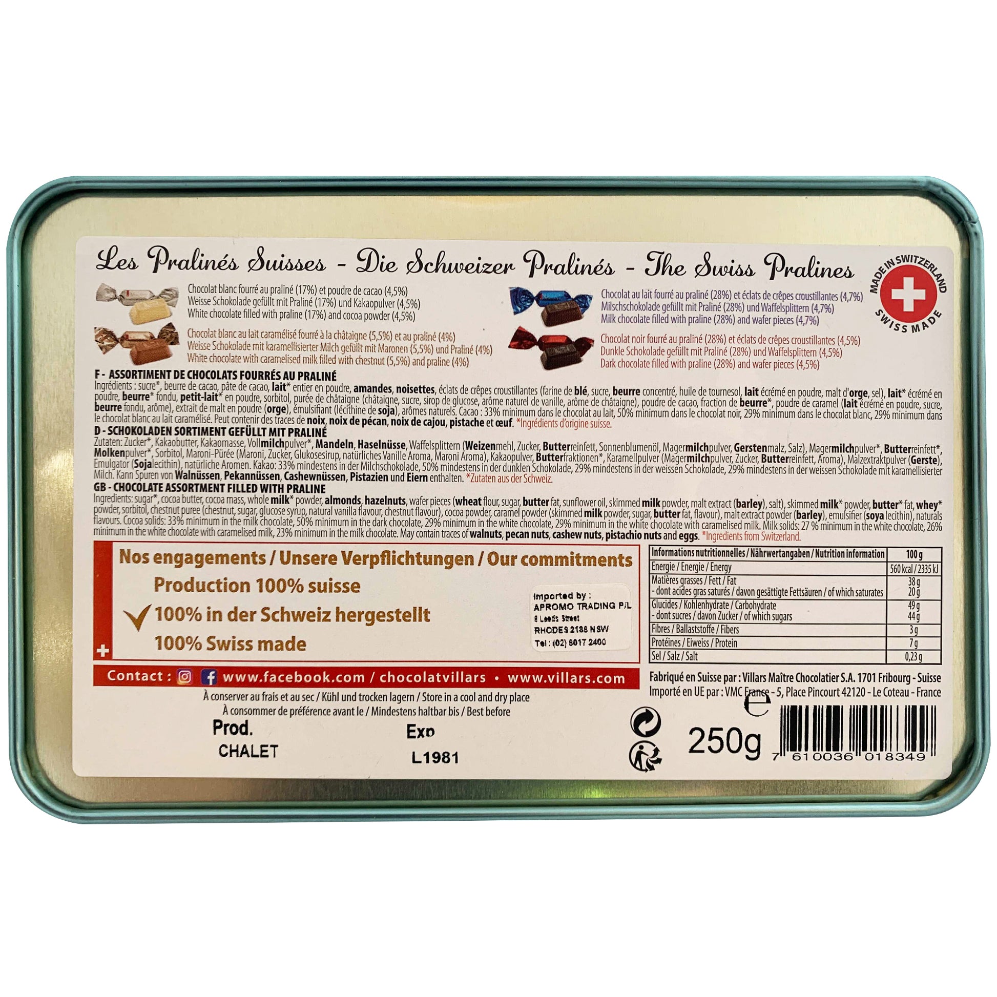 Villars Chocolate Assortment Praline De Villars Tin | Harris Farm Online