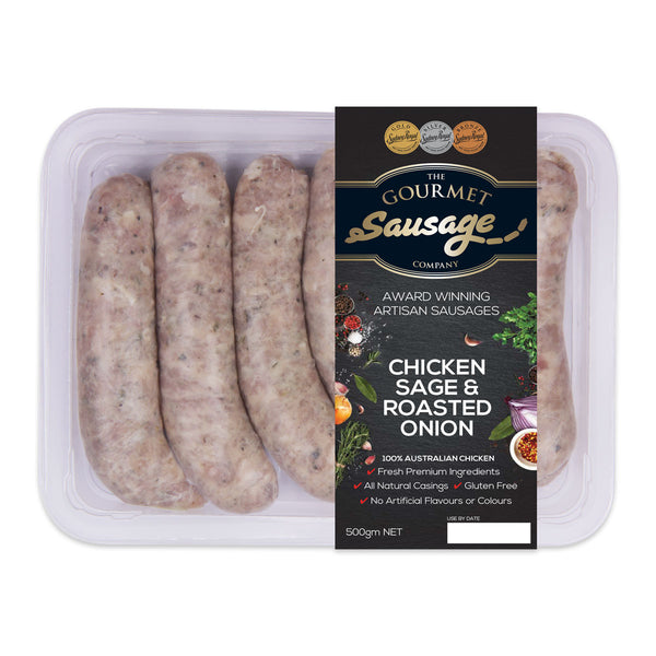 The Gourmet Sausage Chicken Sage and Roasted Onions Sausages 500g | Harris Farm Online