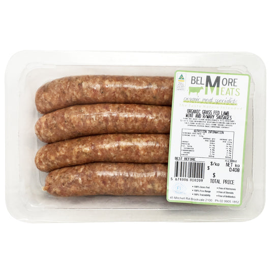 Belmore Organic Grass Fed Lamb Mint and Rosemary Sausages 200-400g