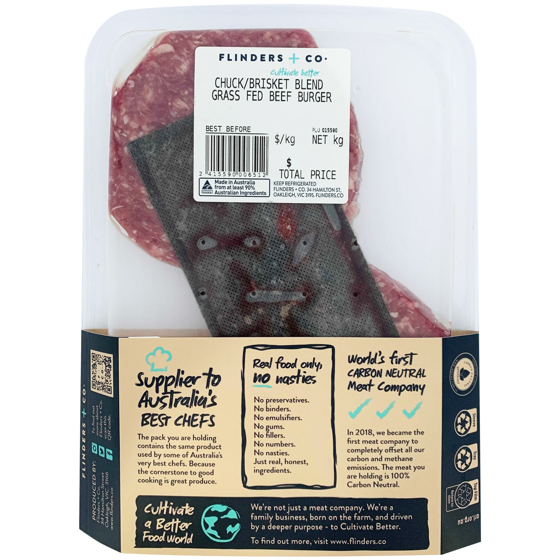 Flinders and Co Carbon Neutral Chuck Brisket Blend Grass Fed Beef Burger | Harris Farm Online