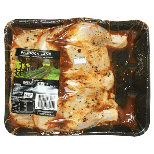 Chicken - Butterfly - Herb & Garlic (950g) Paddock Lane