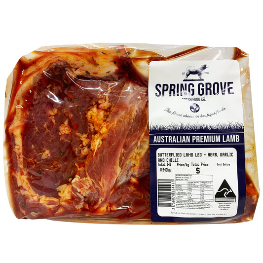 Lamb - Leg Butterflied - Herbs, Garlic and Chilli (800g-1.2kg) Spring Grove