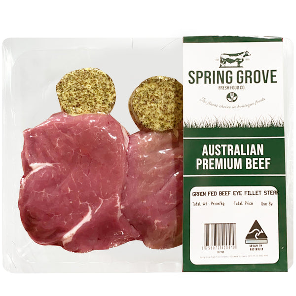 Spring Grove Grain Fed Beef Eye Fillet Steaks with Garlic and Thyme Butter | Harris Farm Online