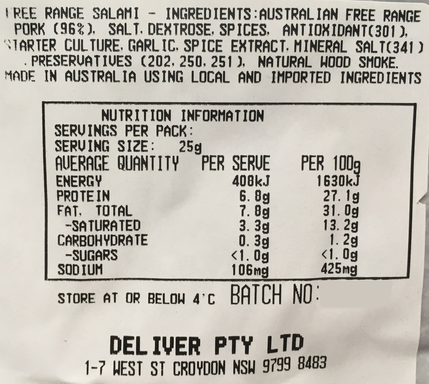 Deli - Salami Free Range (125g) Harris Farm