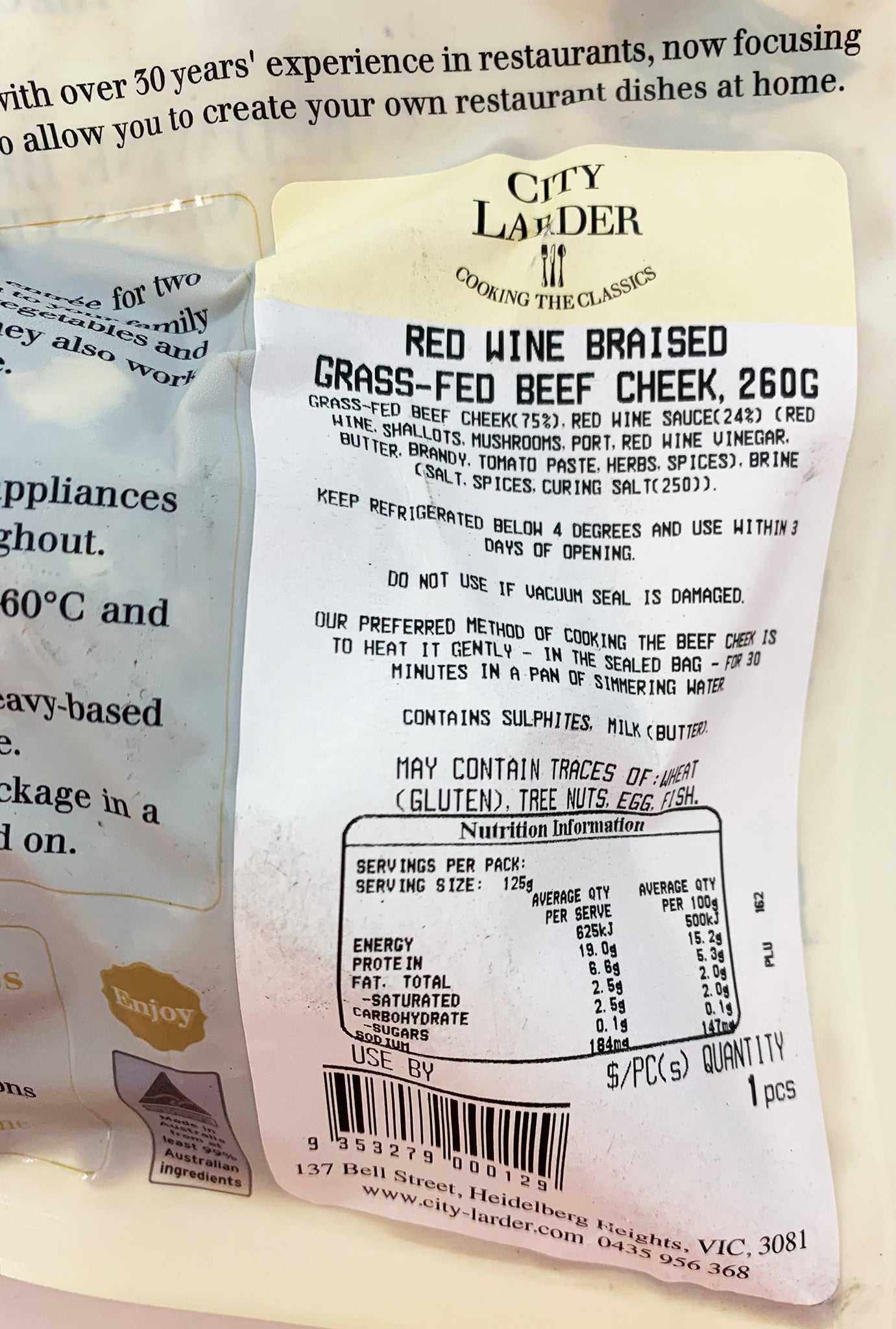 City Larder - Beef Cheek Grass Fed - Red Wine Braised  | Harris Farm Online