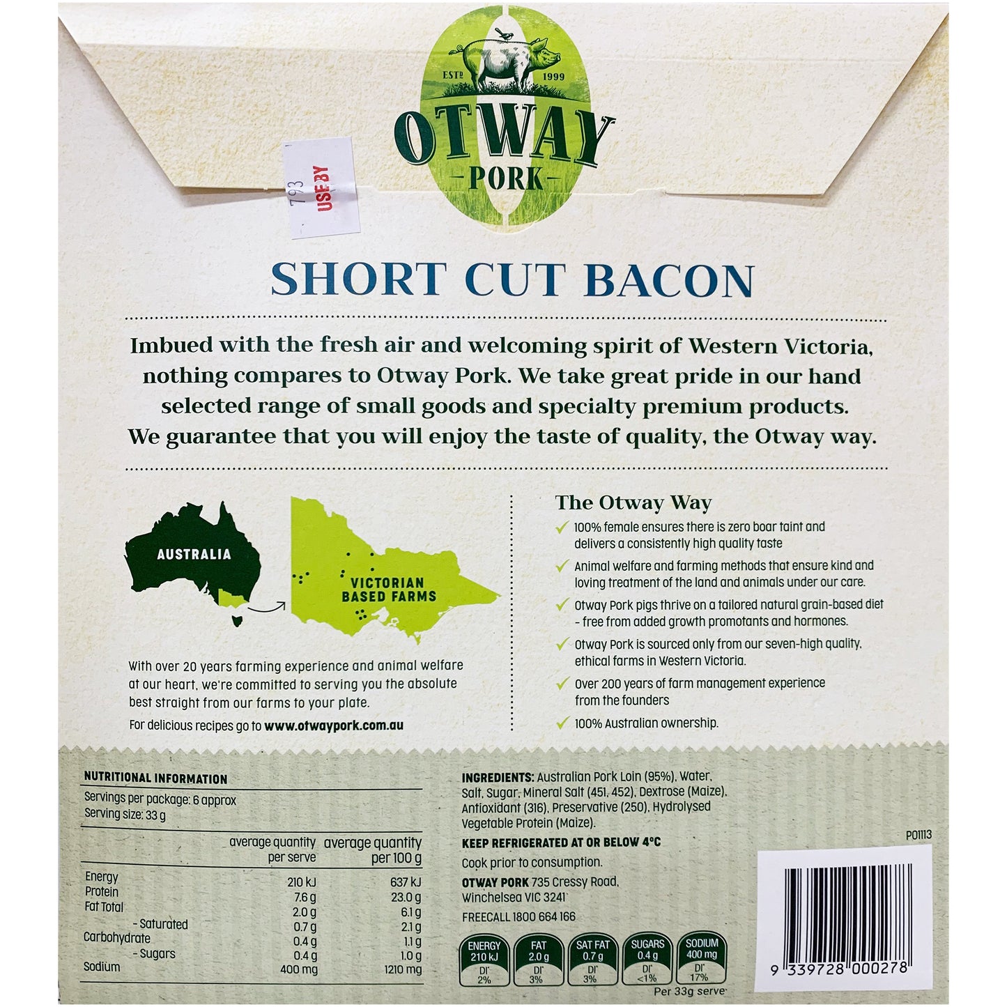 Otway Pork Short Cut Bacon 200g