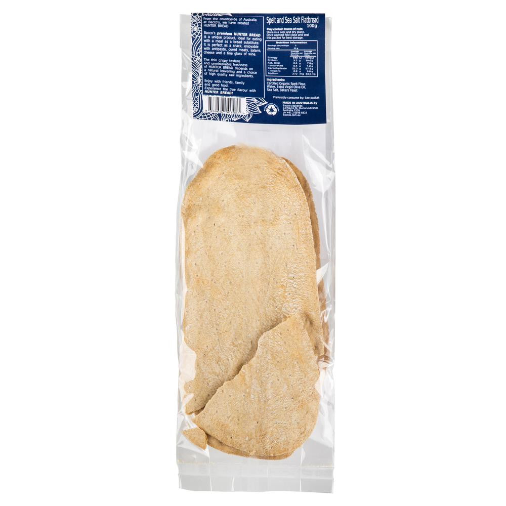 Bread - Organic Spelt Flatbread with Sea Salt (100g) Bacco's Hunter , Grocery-Biscuits - HFM, Harris Farm Markets
 - 2