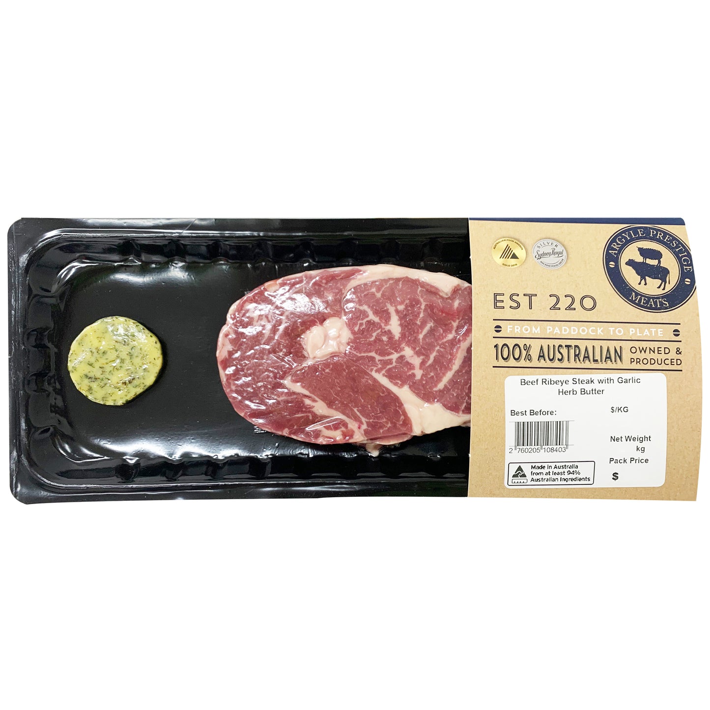 Argyle Prestige Beef Ribeye Steak Garlic Herb Butter 200-400g