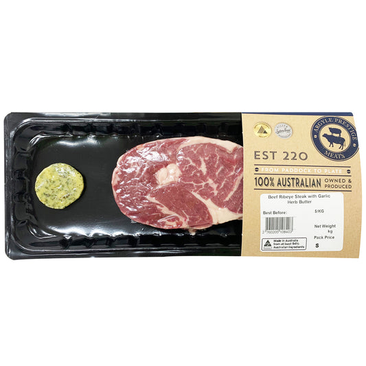Argyle Prestige Beef Ribeye Steak Garlic Herb Butter 200-400g