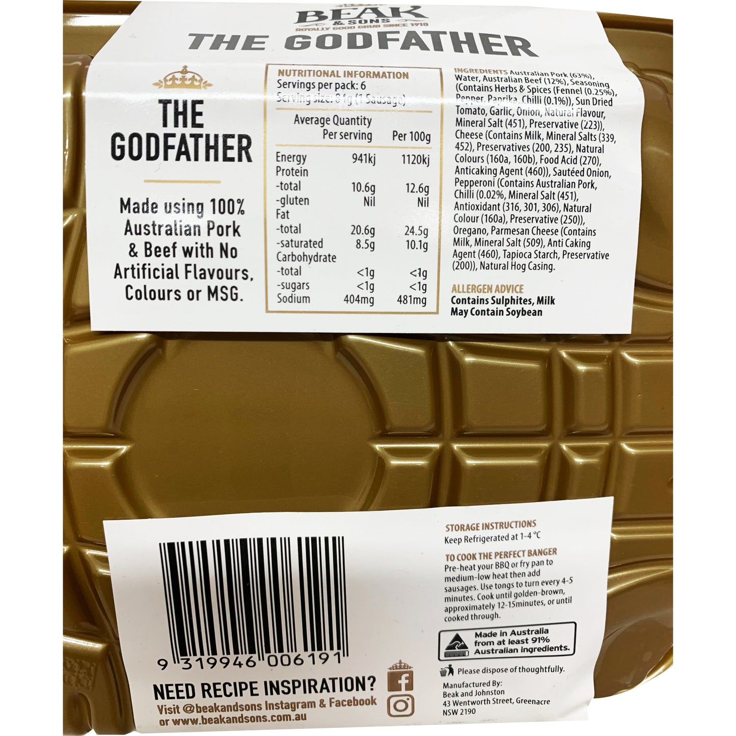Sausages - Pork & Beef - The Godfather (6 sausages, 450g) Beak & Sons