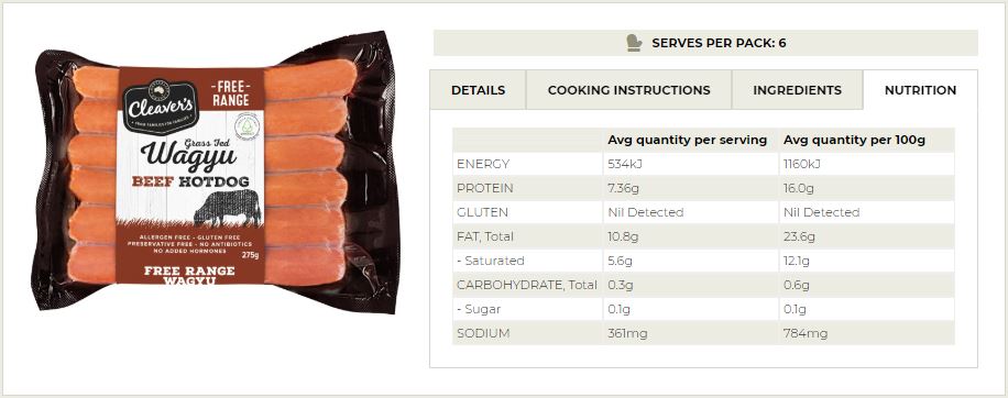Beef - Grass Fed Wagyu Hotdog (6 sausages, 275g) Cleavers