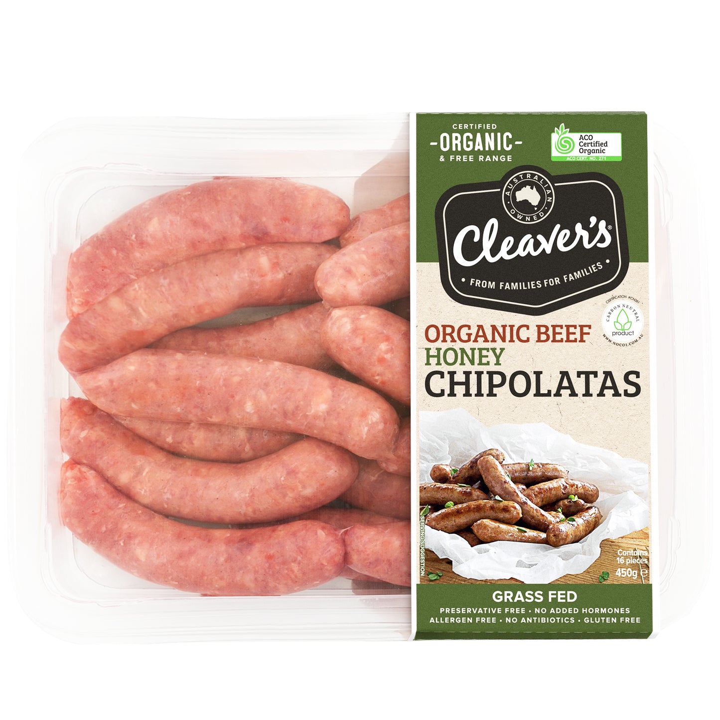 Cleaver's Organic Free Range and Grass Fed Beef Honey Chipolatas | Harris Farm Online