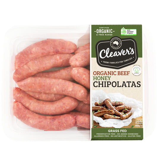 Cleaver's Organic Free Range and Grass Fed Beef Honey Chipolatas | Harris Farm Online