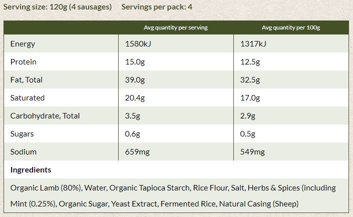 Lamb - Minty Sausages - Organic (480g) Cleavers