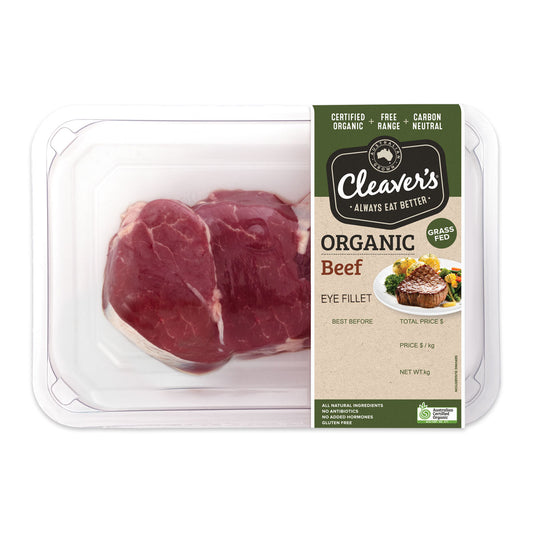 Cleaver's Organic Free Range and Grass Fed Beef Eye Fillets 200-350g | Harris Farm Online