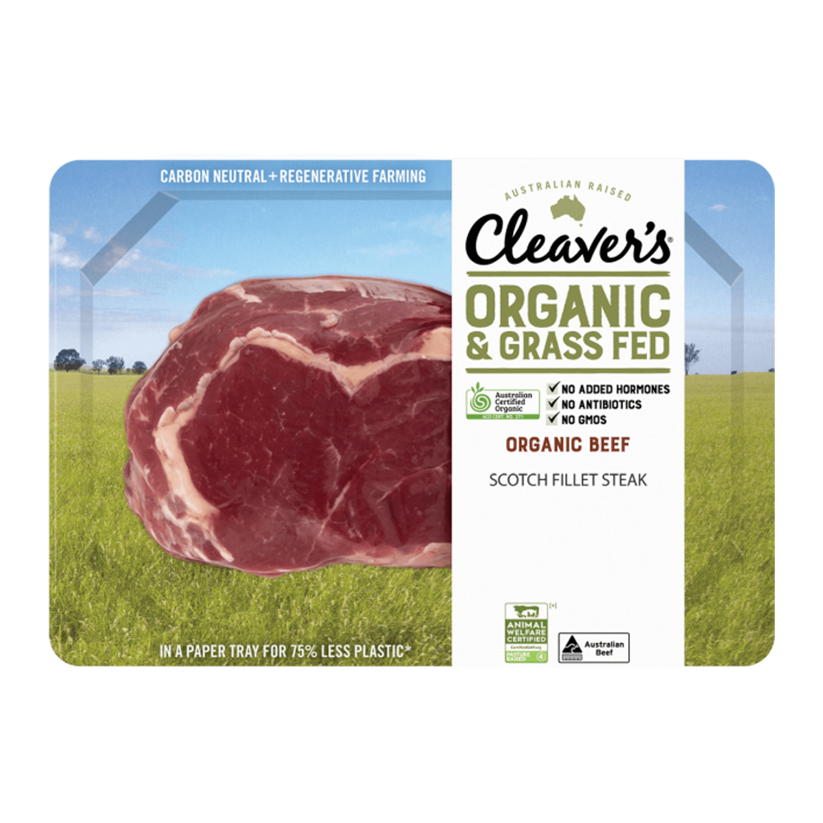 Cleaver's Organic Free Range and Grass Fed Beef Scotch Fillet 200-350g