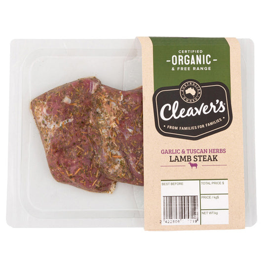 Cleaver's Organic Free Range and Grass Fed Lamb Steak Garlic and Tuscan Herbs 200-350g
