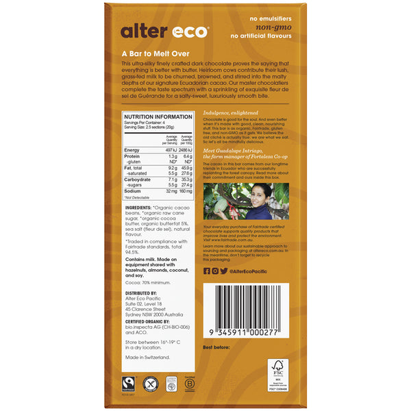 Alter Eco Organic 70% Chocolate Deep Dark Salted Brown Butter  | Harris Farm Online