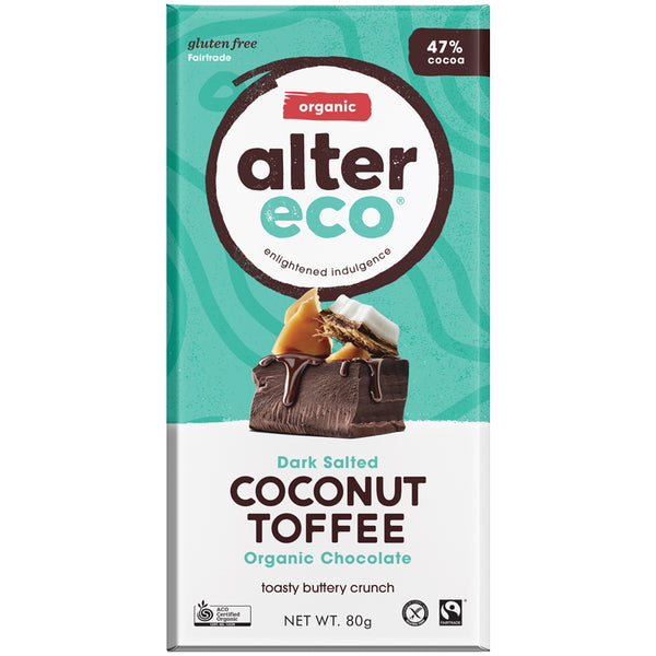 Alter Eco Organic 47% Dark Chocolate Salted Coconut Toffee | Harris Farm Online